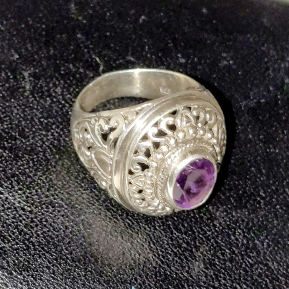 Sterling Silver Oval Amethyst Art Deco Ring